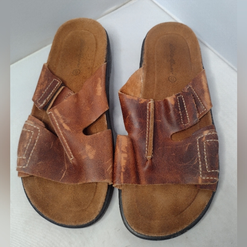Eddie Bauer Mens Brown Leather Two Strap Sandals Slides Shoes 9 Comfort O